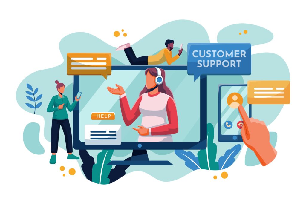 Illustration of a customer support agent assisting multiple customers through a computer screen. Customers are represented by various devices and are receiving help through chat messages, phone calls, and video calls.