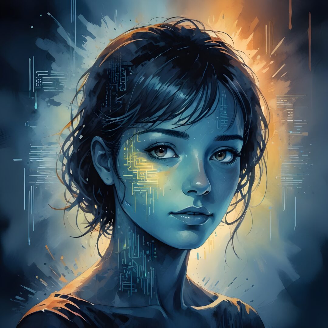 A portrait of a young woman, depicted in a digital art style with a futuristic and ethereal aesthetic.