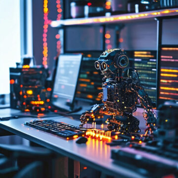 A colourful robot on a table with a keyboard in front of it.