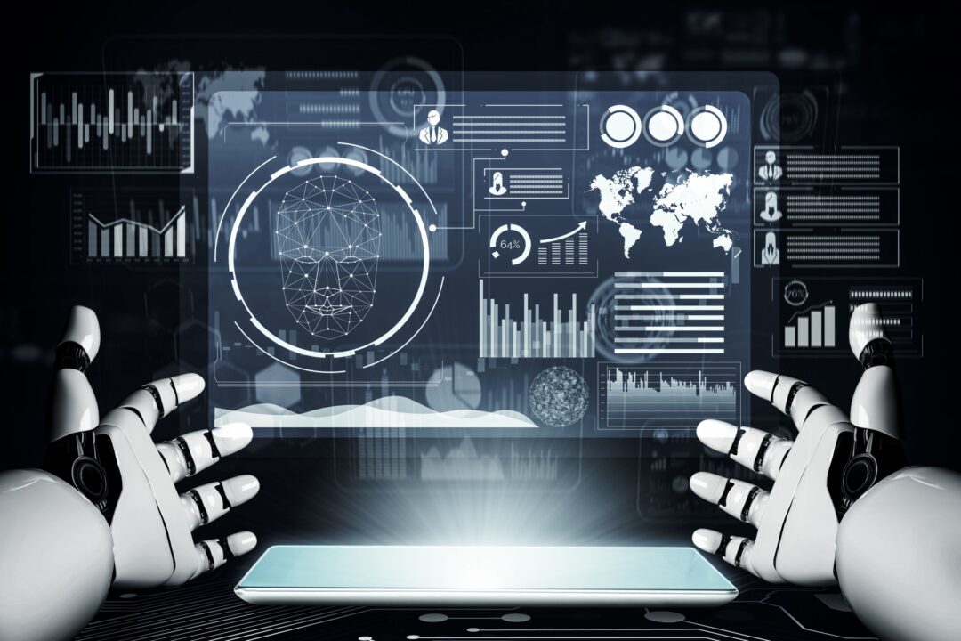 Two robot hands showing a 3D illustrations of data.