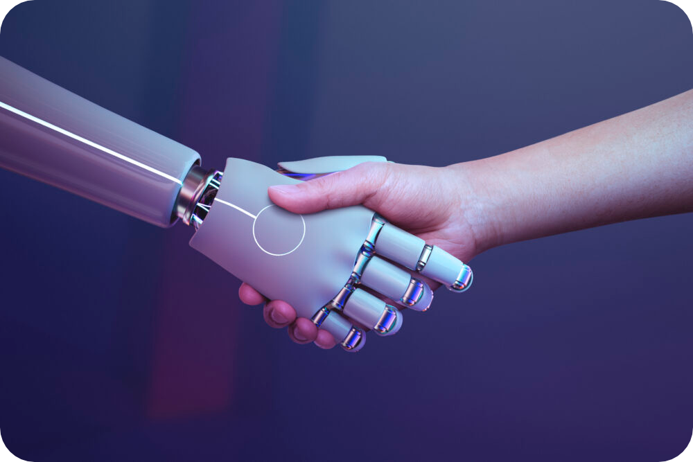 Robot and human handshake.