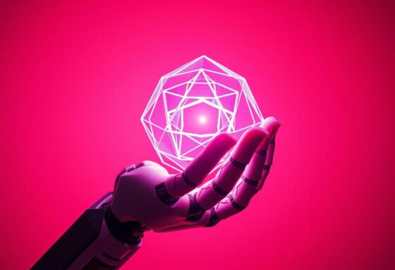 A robotic hand holding a glowing geometric object.