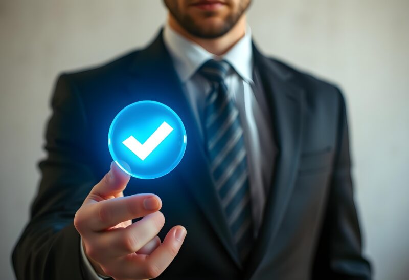 A man holding a glowing blue circle with a white checkmark in its center.