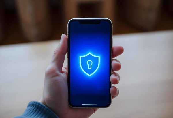 A close-up of a hand holding a smartphone with a glowing blue shield icon displayed on the screen.