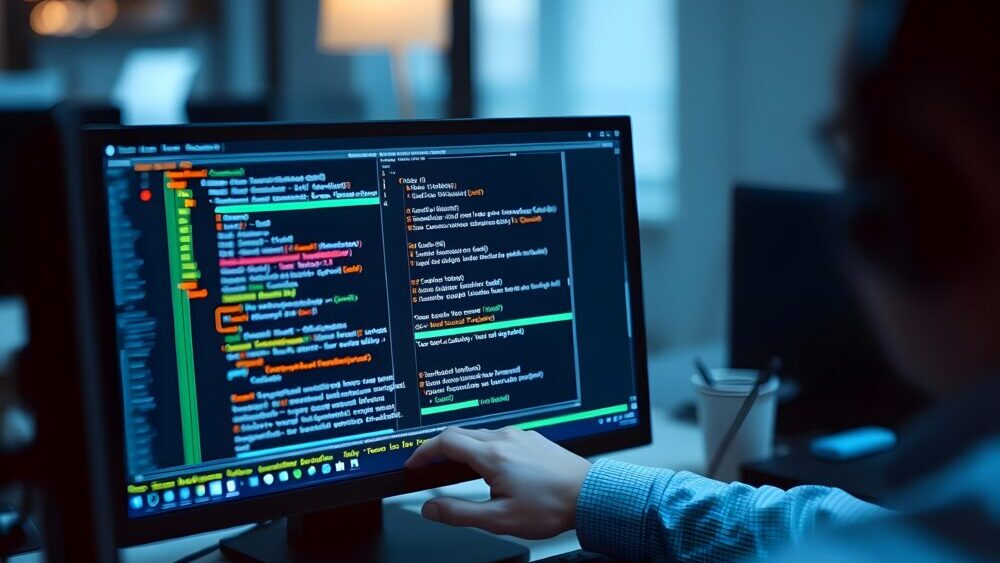 A person showing his hand towards the code in the monitor of a PC.