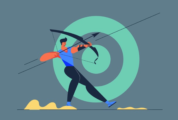 A man is drawing back a bow, aiming at a target. The arrow is about to be released, and the target is in focus.