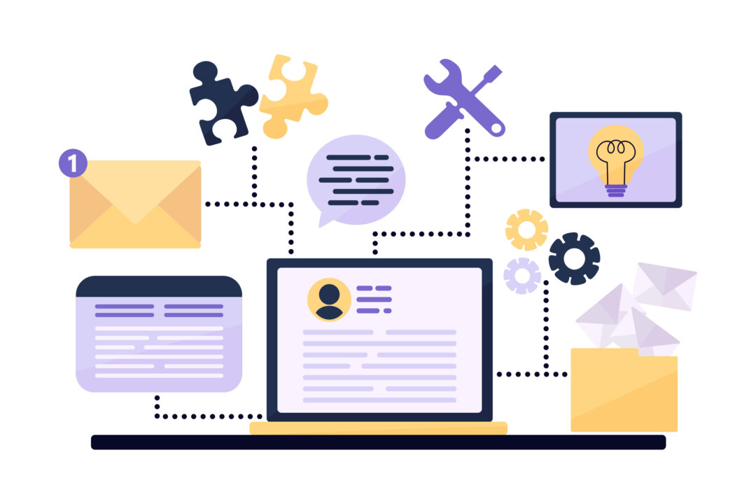 An illustration of a laptop with various icons representing communication, collaboration, and problem-solving.