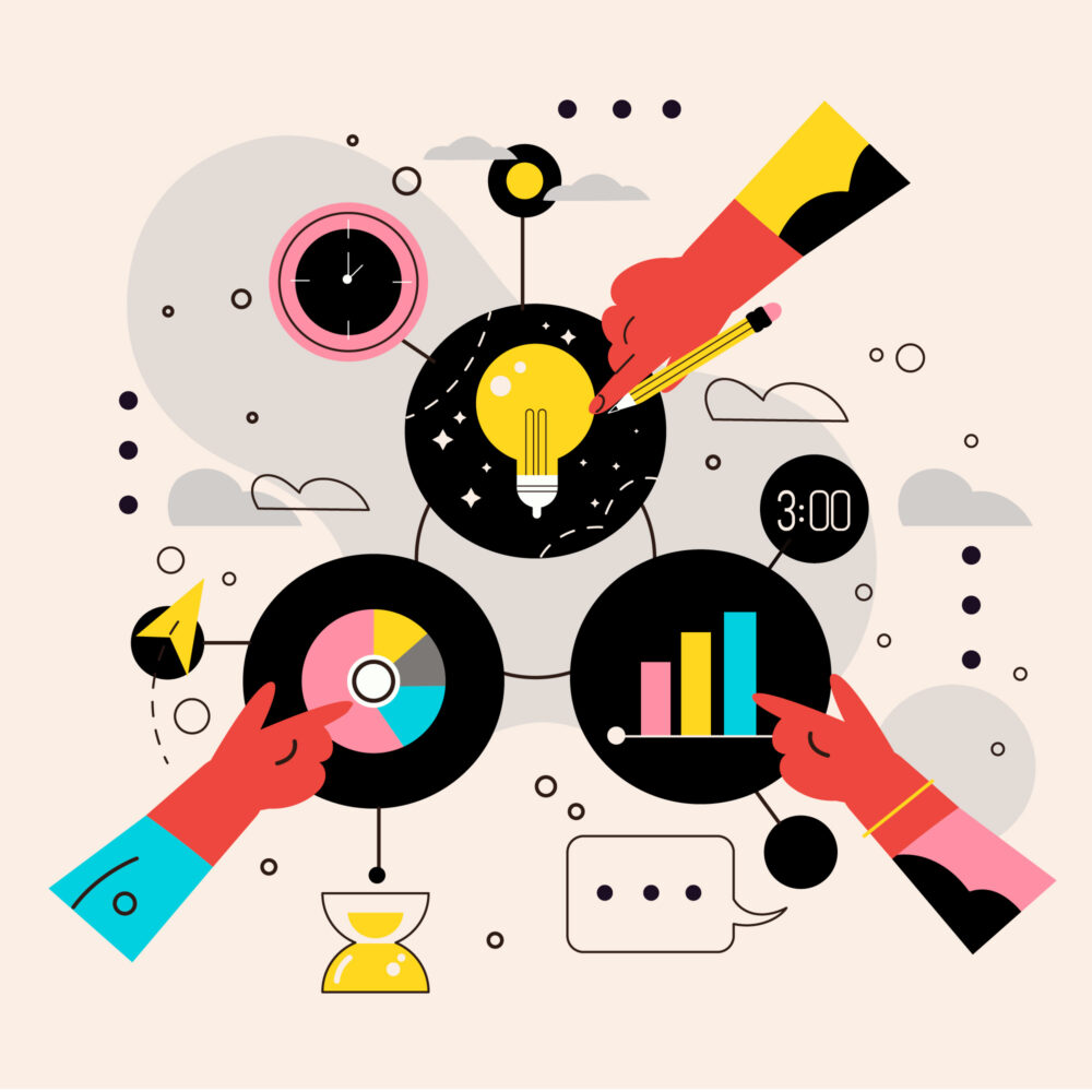 A visual representation of teamwork and collaboration leading to a new idea. Multiple hands are interacting with different elements, including a clock, a lightbulb, a pie chart, a bar chart, a speech bubble, and an hourglass.