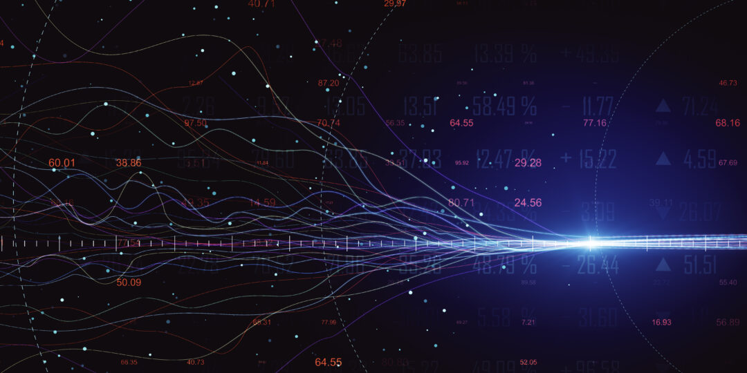 A complex data visualization with interconnected lines and numbers, representing data flows or connections. A bright blue beam of light runs through the center of the image.