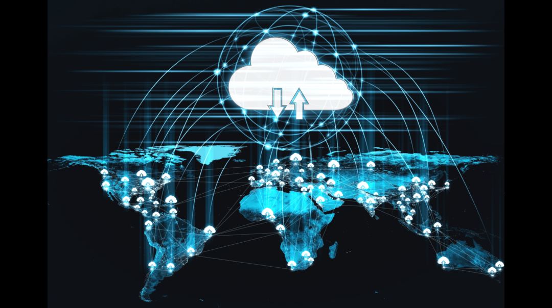 An illustration of cloud on the outline of the world map.