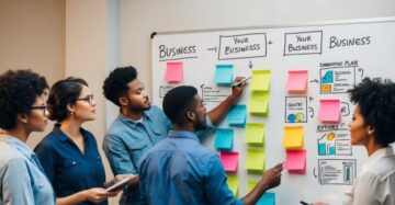 A group of five people planning together.