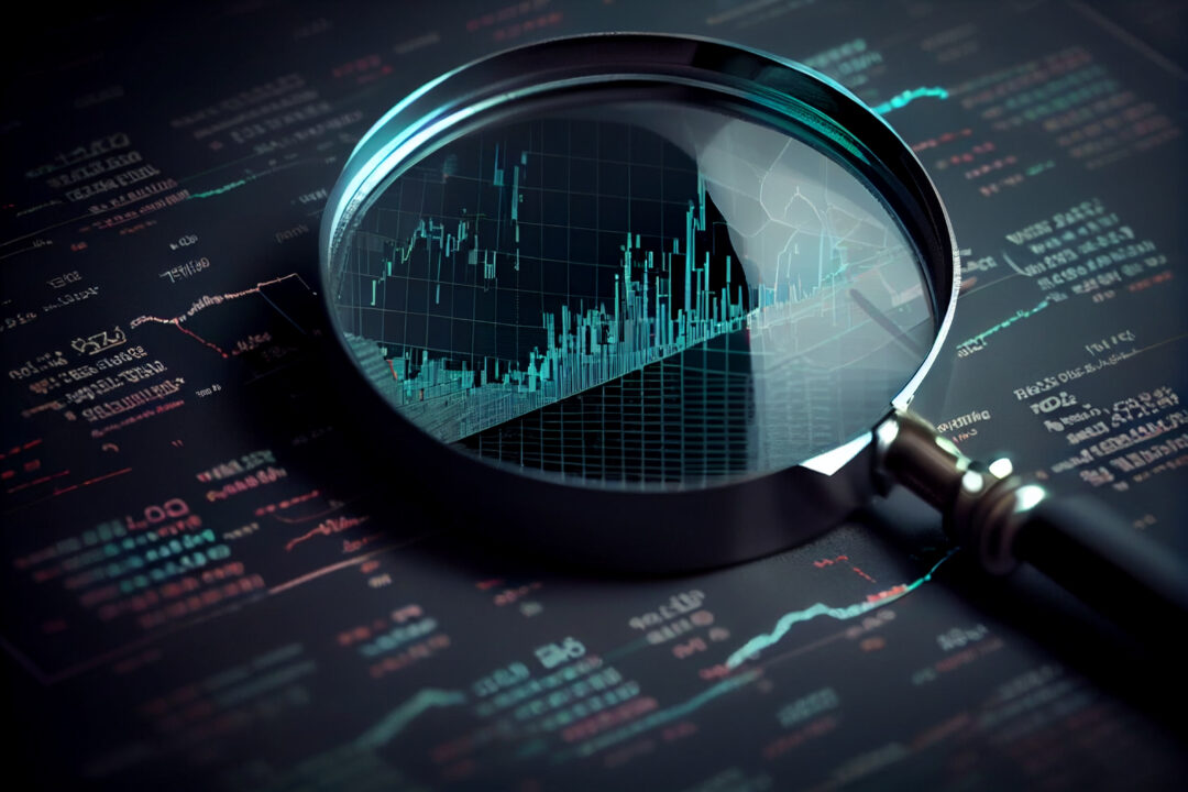 Magnifying glass search of investing and stock market over a graph.