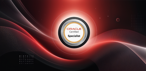 A circular badge with a silver border and a red background, displaying the text "ORACLE Certified Specialist" in white. The badge is surrounded by swirling red lines, creating a dynamic and eye-catching effect.