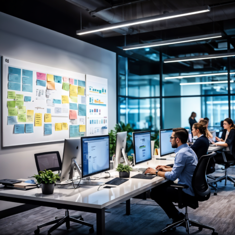 A group of employees working together in the office.