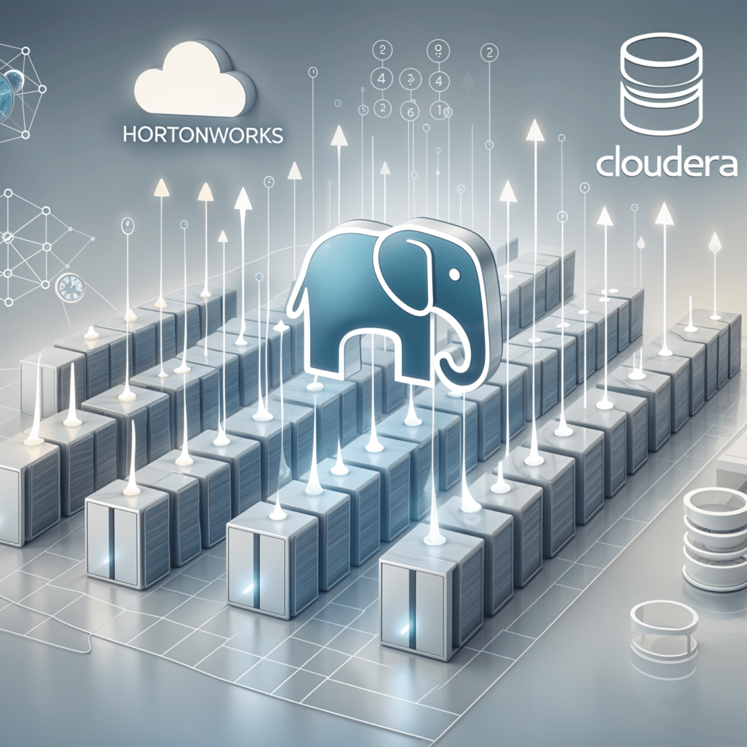 A blue elephant stands on a grid of servers, symbolizing data processing and analysis. The text "Hortonworks" and "Cloudera" are displayed above and below the elephant, respectively.