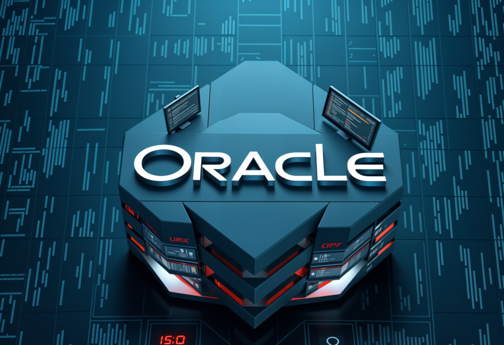 The Oracle logo, a white "ORACLE" in a black cube, sits on a platform with multiple servers and computer monitors.