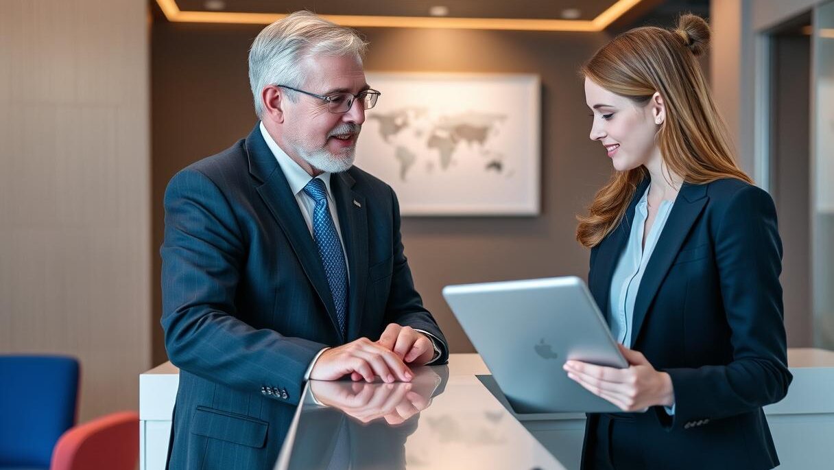 A man and a woman are speaking together, the woman is holding a laptop in her hands.