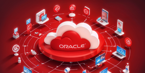 A large cloud icon with the word "ORACLE" in the center, surrounded by various interconnected devices and symbols representing cloud computing and digital technology.