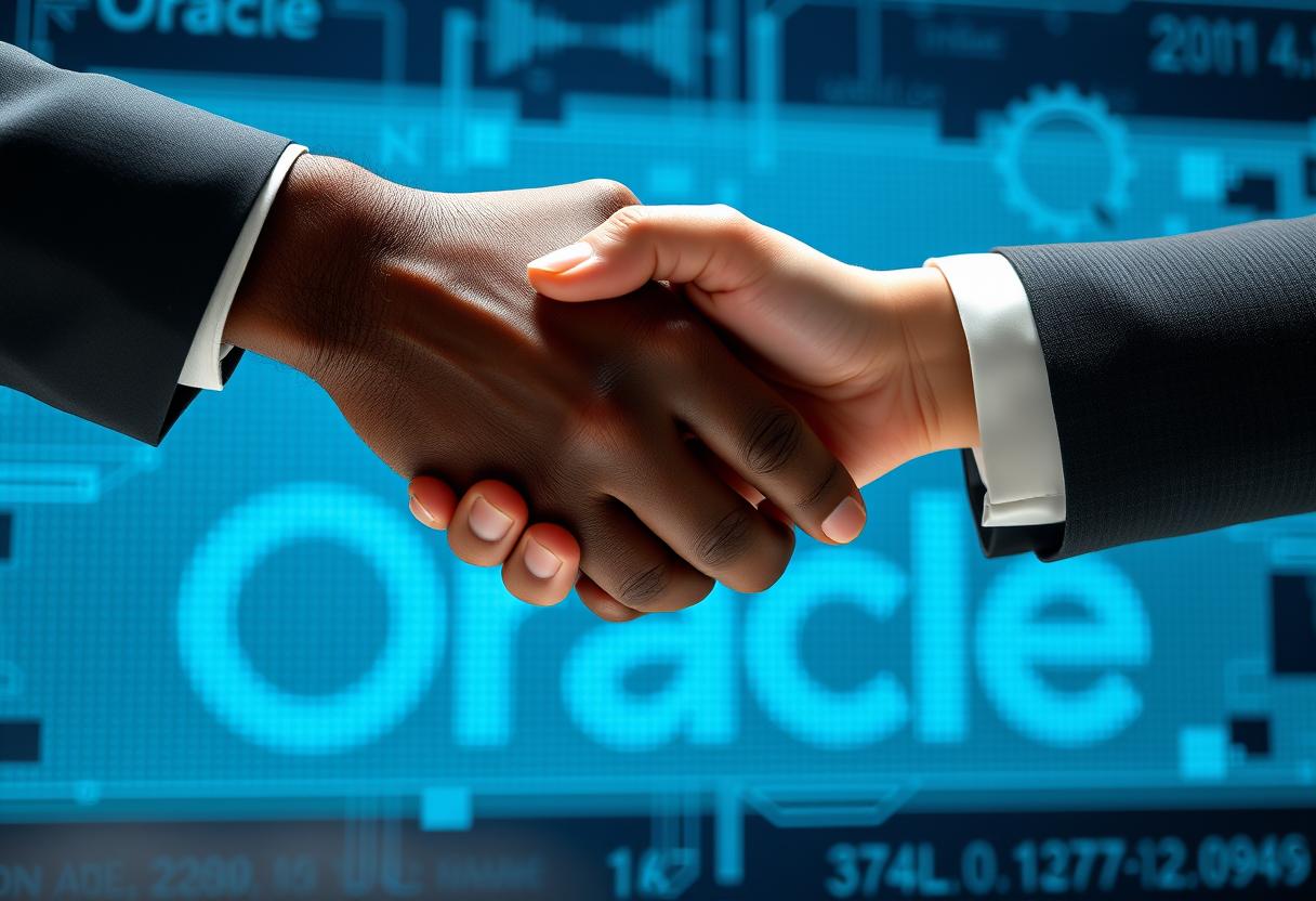 Two people shaking hands together with oracle in the background.