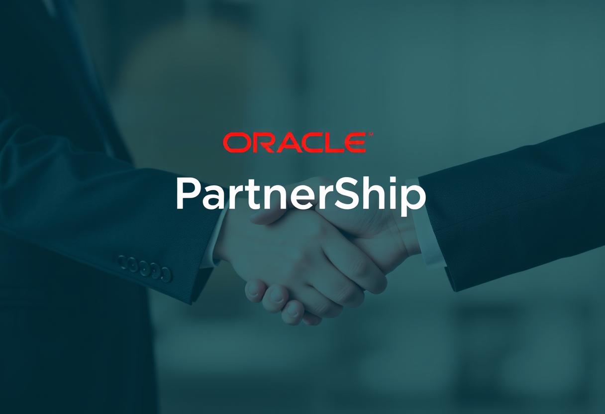 Two people shaking hands together in the background. having displayed with ORACLE PARTNERSHIP.