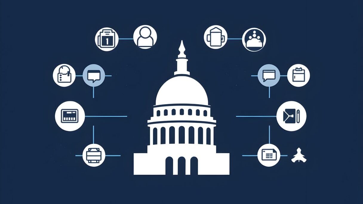 A white outline of the U.S. Capitol Building surrounded by various icons representing different aspects of government, such as communication, technology, and security.