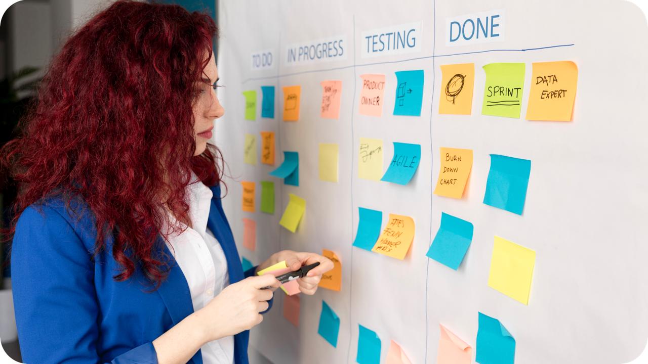 a woman marking notes on the board.